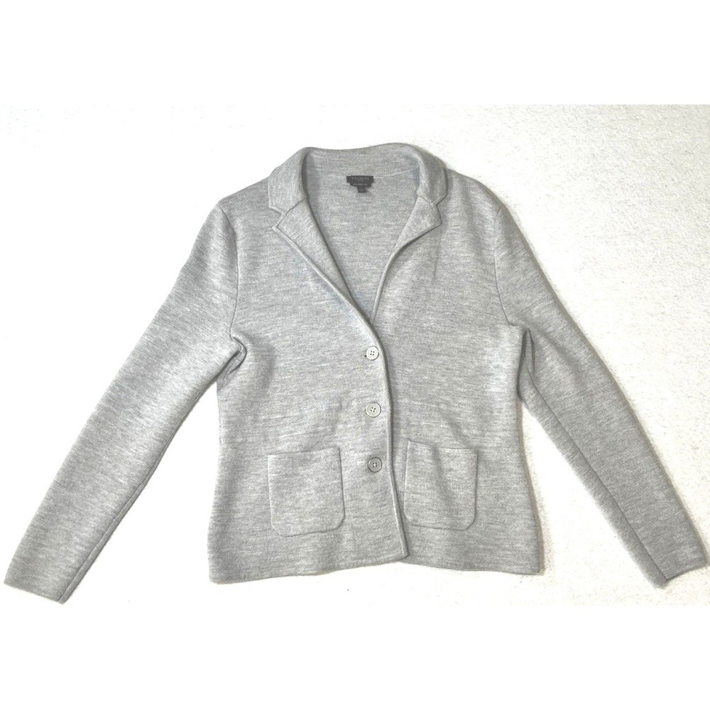Talbots Cardigan Sweater Womens Gray Merino Wool Blazer Jacket Pockets Petite L